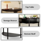 Half-Moon Console Table with Rattan Sliding Doors | Boho Semicircle Entryway Table with 2 Storage Cabinets & Bottom Shelf