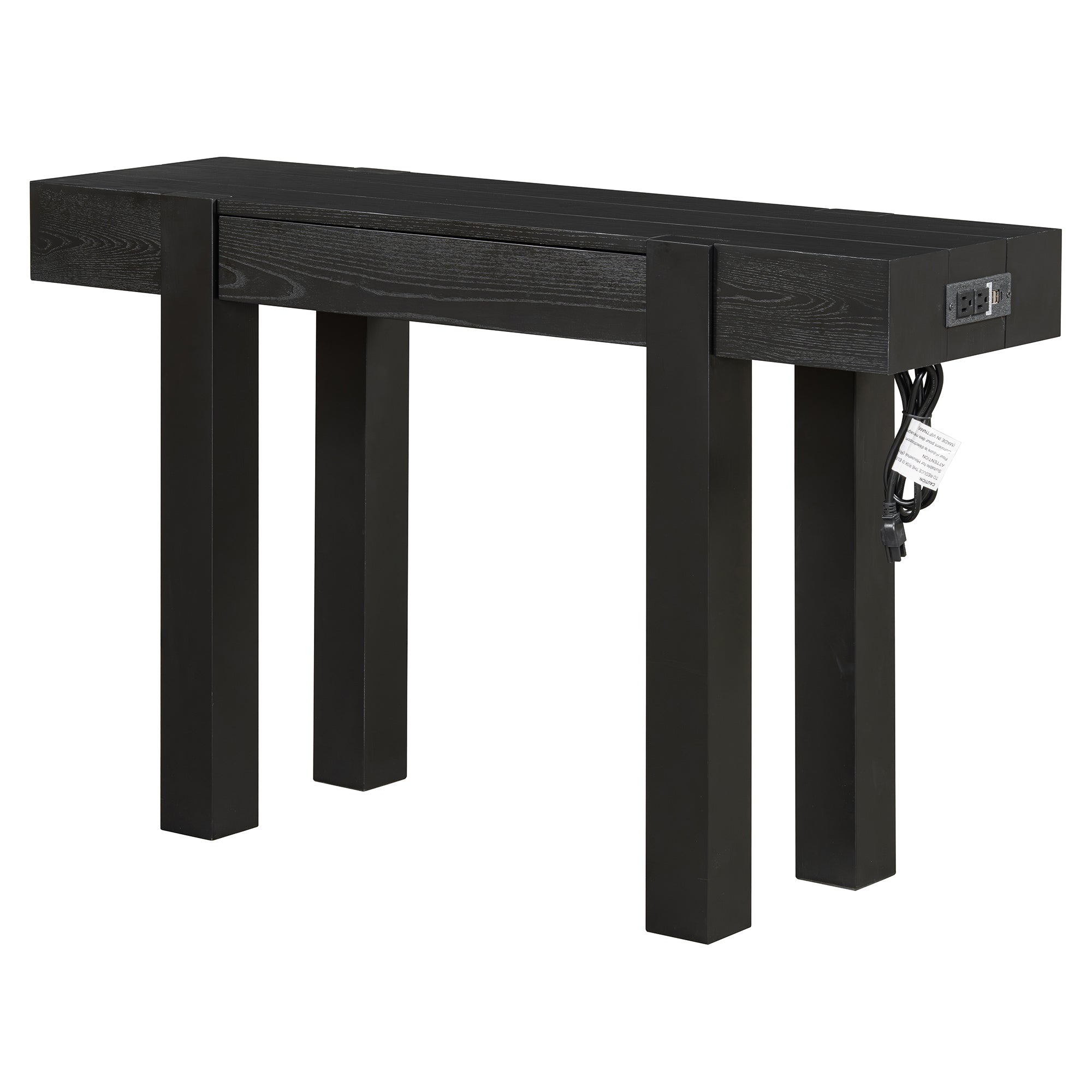 Rustic Console Table, Hidden Drawer, Side Power Outlet, Entryway Table, Black