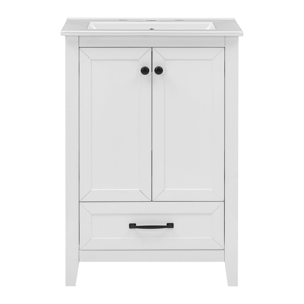 24" Bathroom Vanity with Sink, Bathroom Vanity Cabinet with One Drawer and Doors, Solid Wood and MDF, White