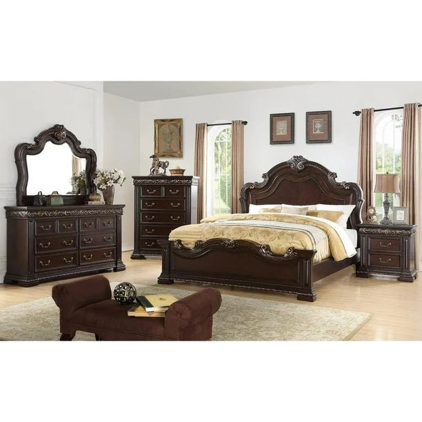 Traditional Bedroom Furniture 2 Drawer Nightstand, Solid Wood Carvings Bedside Table