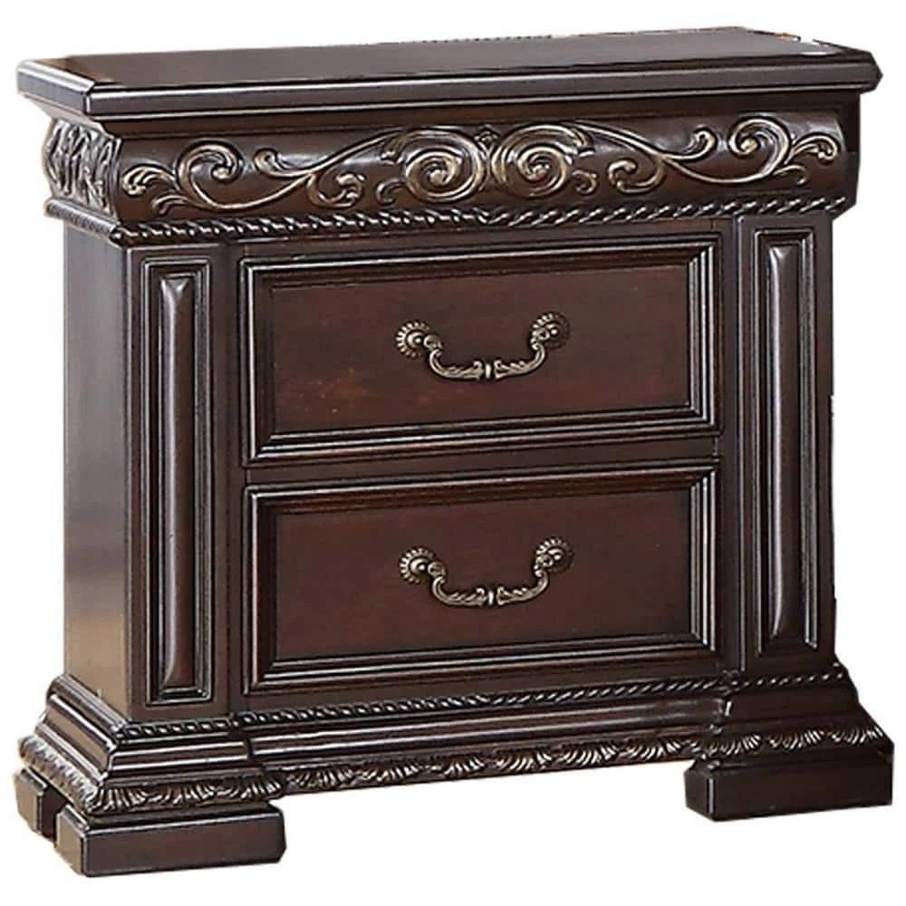 Traditional Bedroom Furniture 2 Drawer Nightstand, Solid Wood Carvings Bedside Table