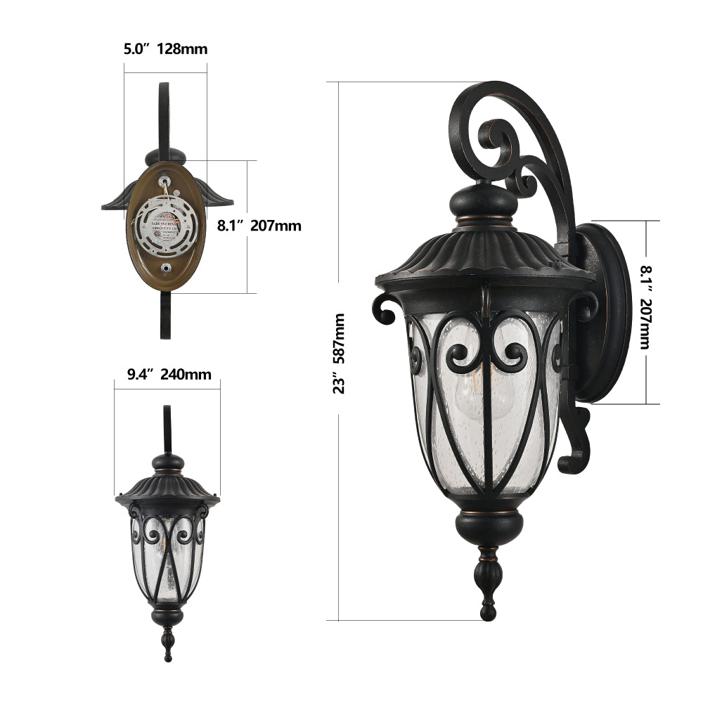 23" Outdoor Wall Lantern, Black Vintage Wall Sconce with Bubble Glass, Weatherproof Exterior Light Fixture for Porch, Patio & Entryway