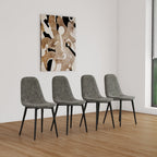 Mid-Century Dining Chairs Set of 4 | Spoon-Back Upholstered Seats & Black Metal Legs — Brown / Grey