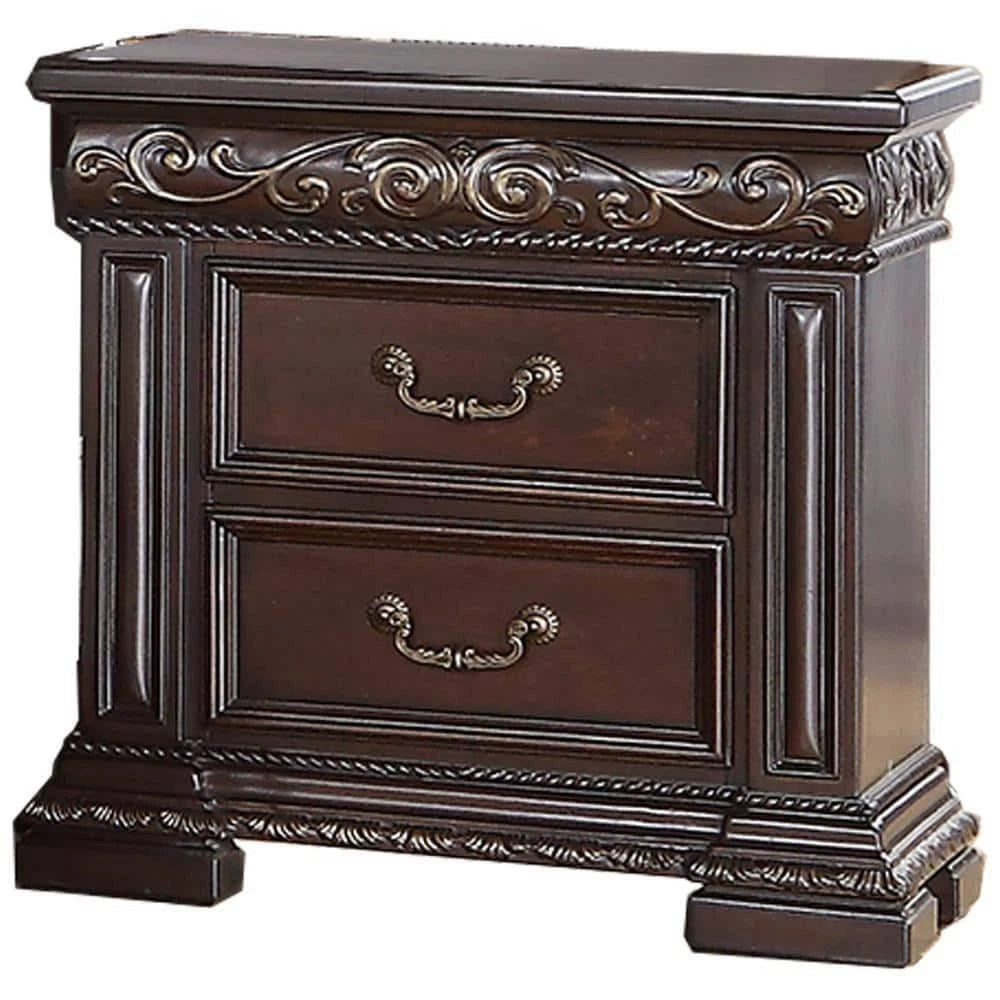 Traditional Bedroom Furniture 2 Drawer Nightstand, Solid Wood Carvings Bedside Table
