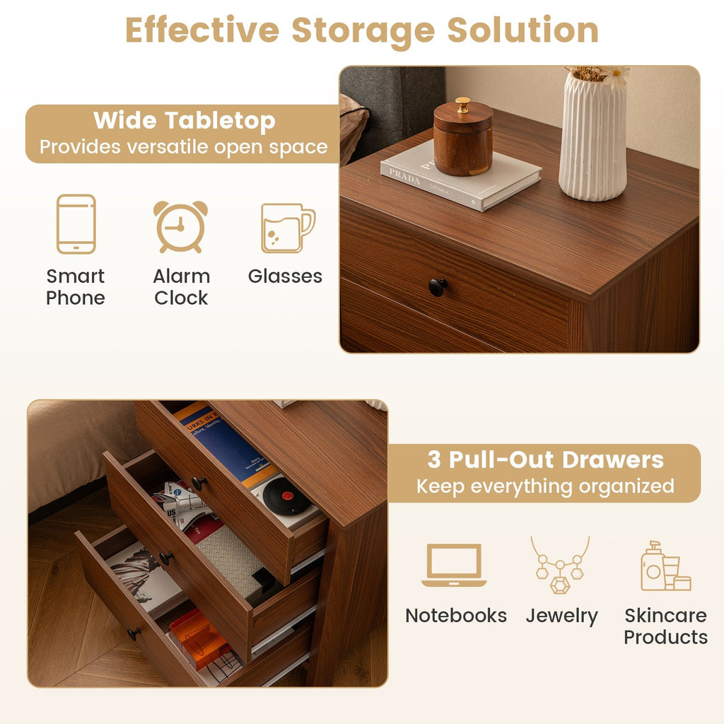 3-Drawer Wooden Nightstand Modern Bedside Table