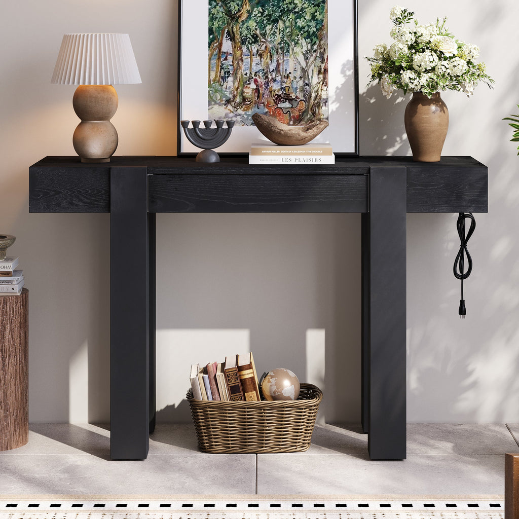 Rustic Console Table, Hidden Drawer, Side Power Outlet, Entryway Table, Black