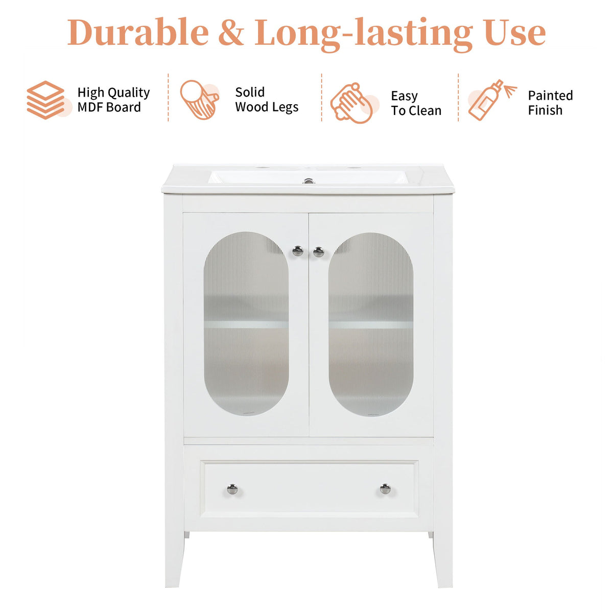 24" Bathroom Vanity with Sink, Bathroom Vanity Cabinet with One Drawer and Doors, Adjustable Shelf, Solid Wood and MDF, White