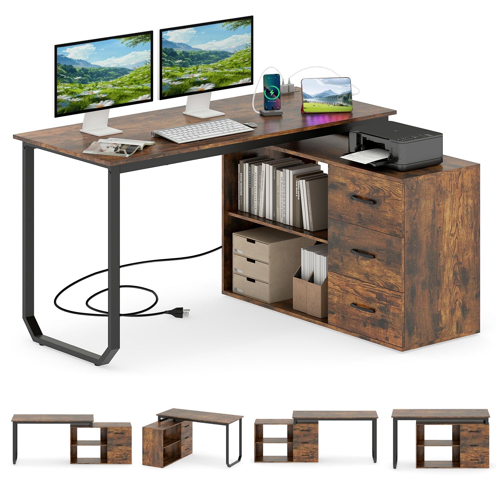 55 Inch Reversible L Shaped Desk with 3 Drawers Home Office Desk with Adjustable Shelf
