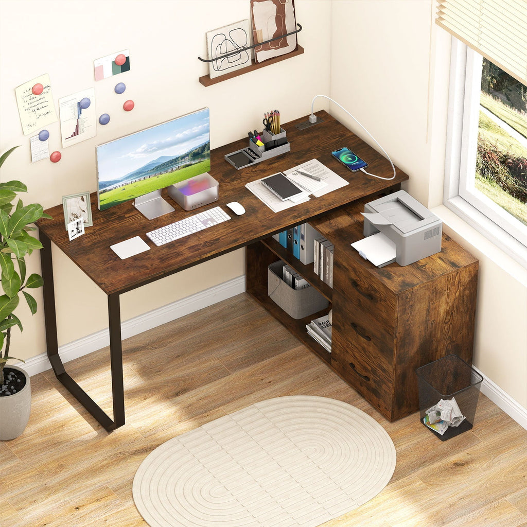 55 Inch Reversible L Shaped Desk with 3 Drawers Home Office Desk with Adjustable Shelf