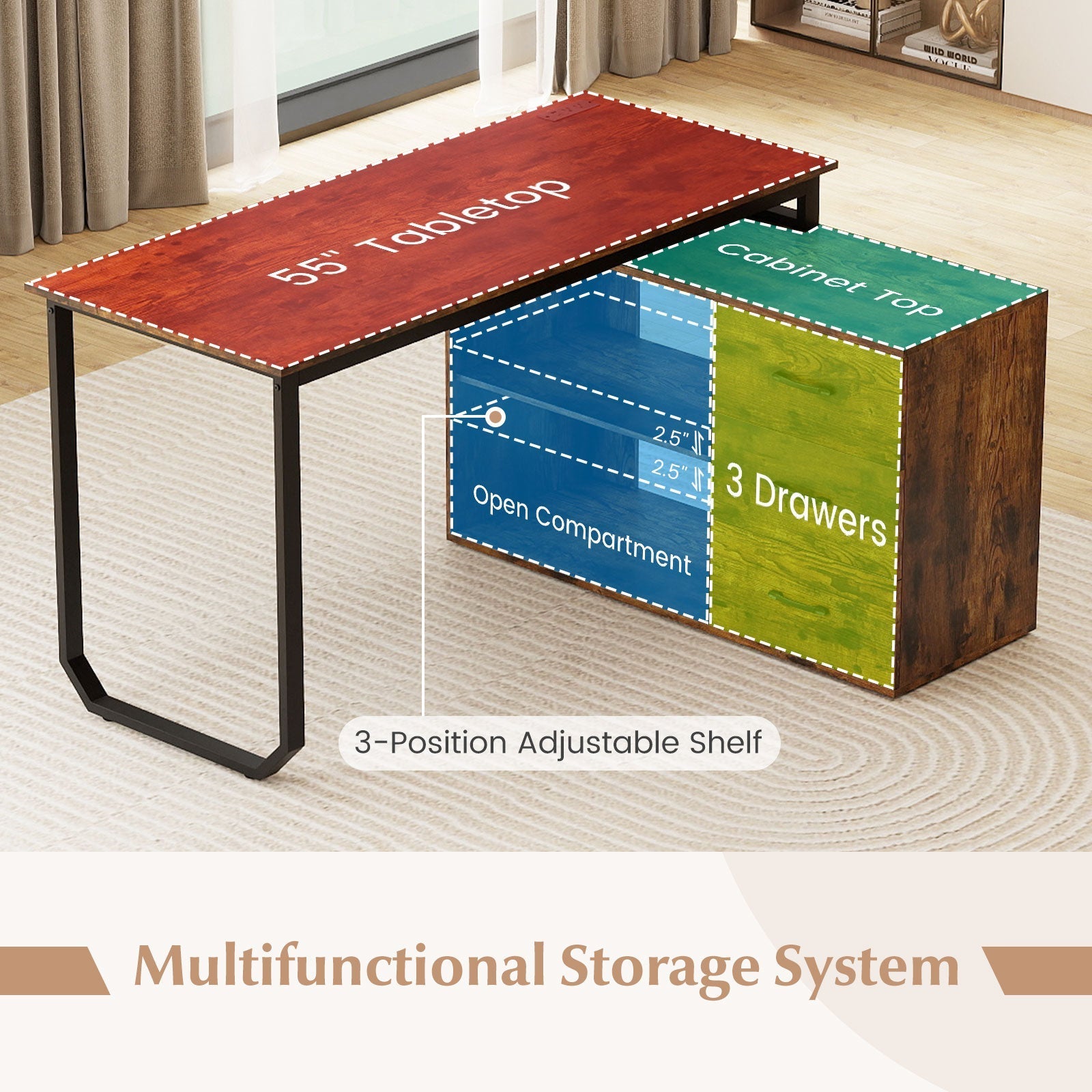 55 Inch Reversible L Shaped Desk with 3 Drawers Home Office Desk with Adjustable Shelf