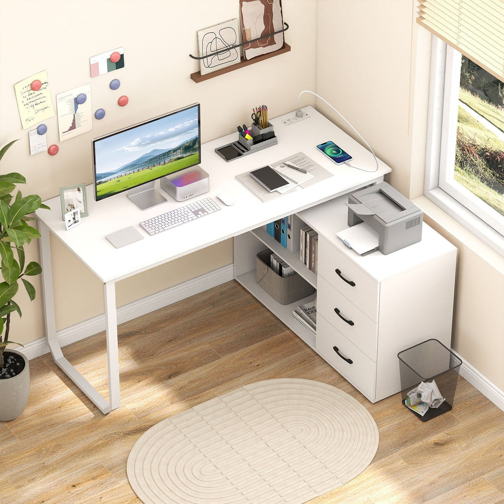 55 Inch Reversible L Shaped Desk with 3 Drawers Home Office Desk with Adjustable Shelf