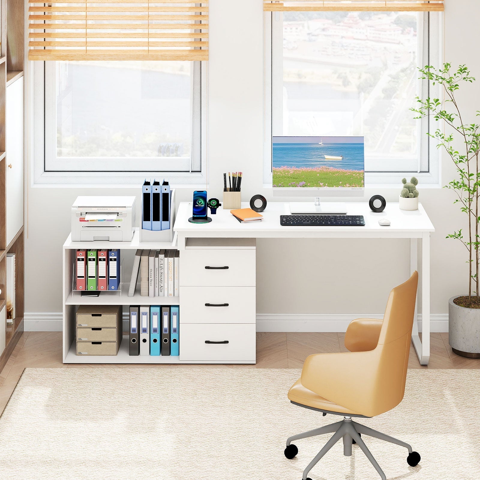 55 Inch Reversible L Shaped Desk with 3 Drawers Home Office Desk with Adjustable Shelf