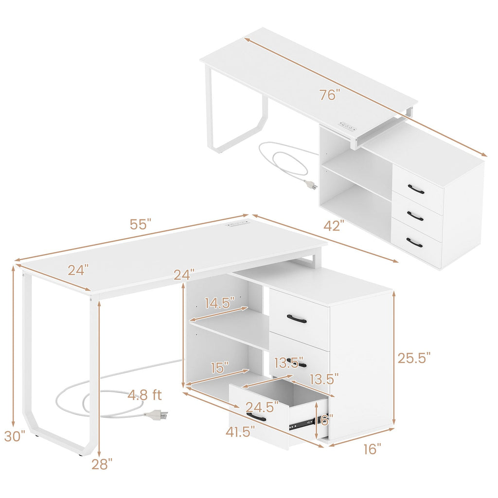 55 Inch Reversible L Shaped Desk with 3 Drawers Home Office Desk with Adjustable Shelf