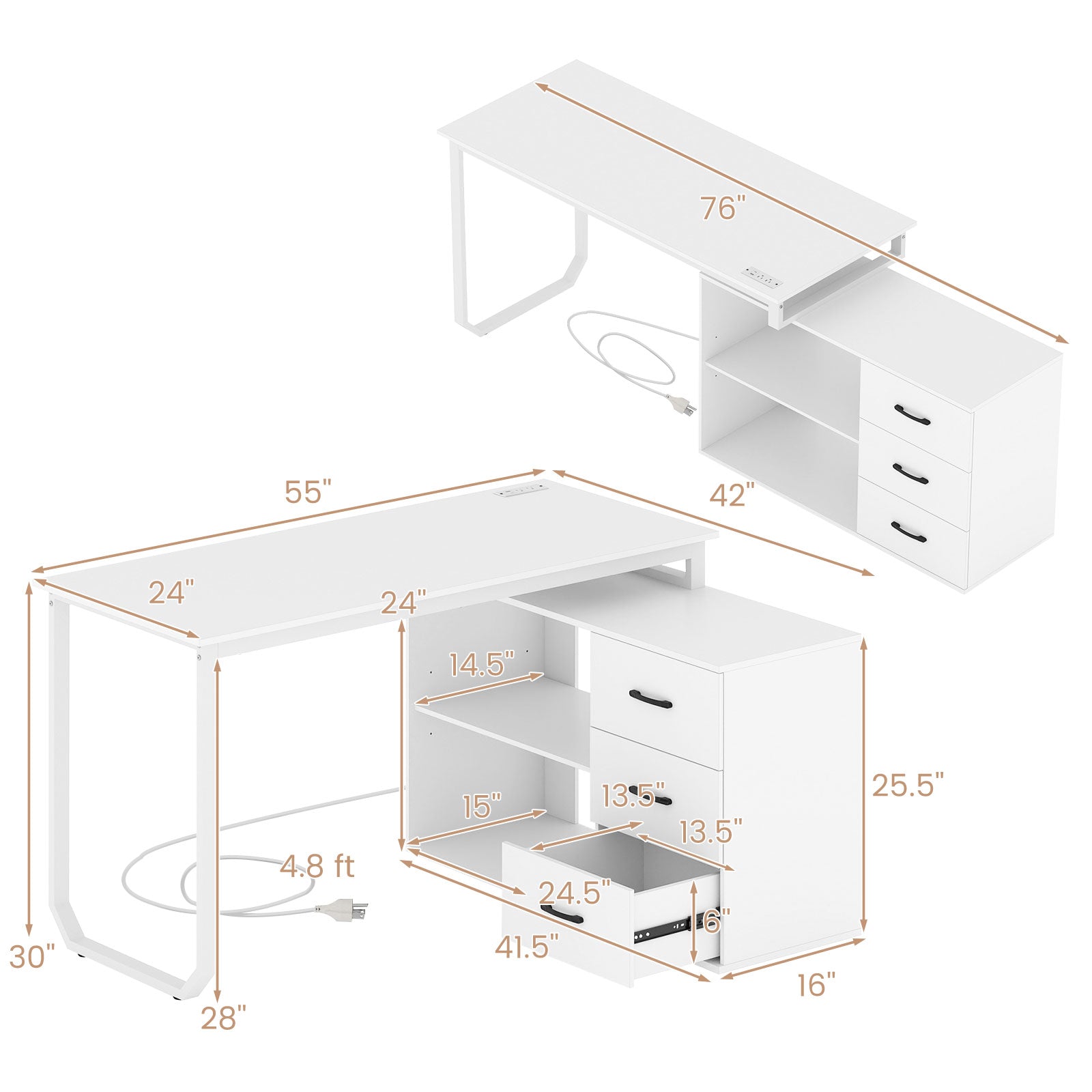 55 Inch Reversible L Shaped Desk with 3 Drawers Home Office Desk with Adjustable Shelf