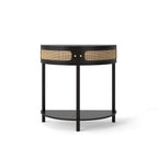 Half-Moon Console Table with Rattan Sliding Doors | Boho Semicircle Entryway Table with 2 Storage Cabinets & Bottom Shelf