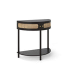 Half-Moon Console Table with Rattan Sliding Doors | Boho Semicircle Entryway Table with 2 Storage Cabinets & Bottom Shelf