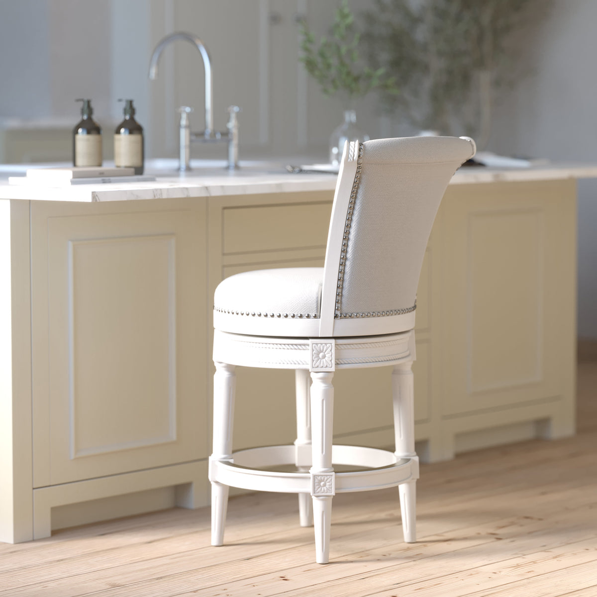 Charlotte Swivel Barstool in White with Grey Fabric