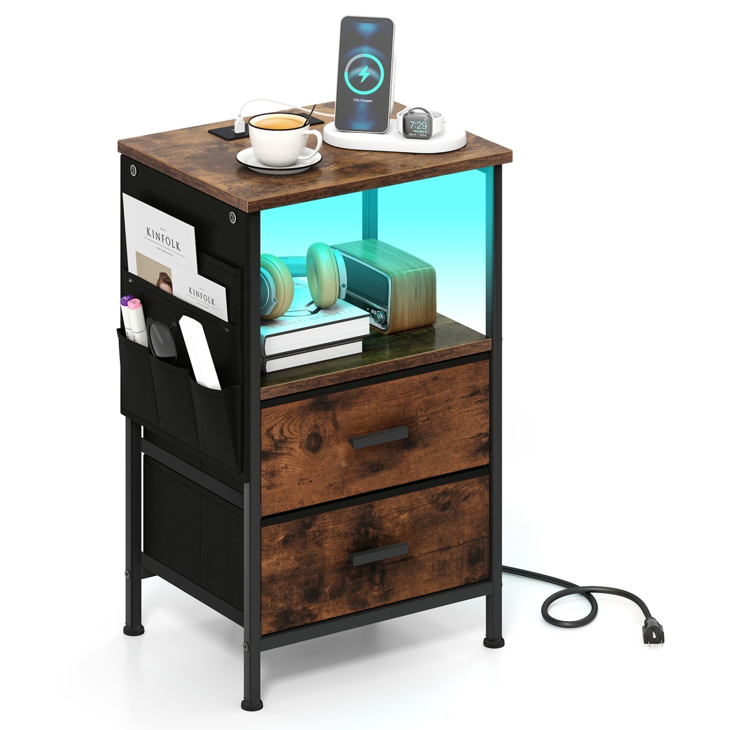 End Table with Charging Station Set of 2 Nightstand with 2 Folding Fabric Drawers