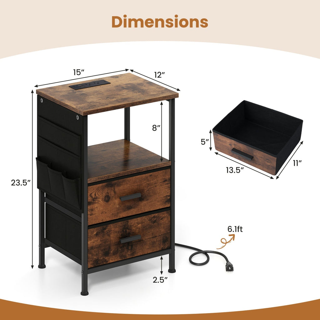 End Table with Charging Station Set of 2 Nightstand with 2 Folding Fabric Drawers