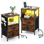 End Table with Charging Station Set of 2 Nightstand with 2 Folding Fabric Drawers