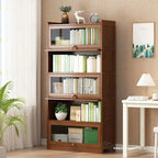 Modern Bamboo Bookshelf Storage Cabinet with Flip Doors 4/5/6 Tier Bookcase for Living Room Bedroom Office
