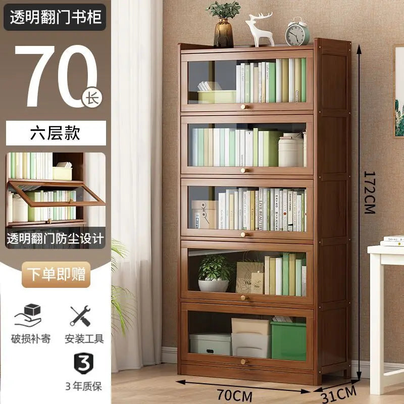 Modern Bamboo Bookshelf Storage Cabinet with Flip Doors 4/5/6 Tier Bookcase for Living Room Bedroom Office