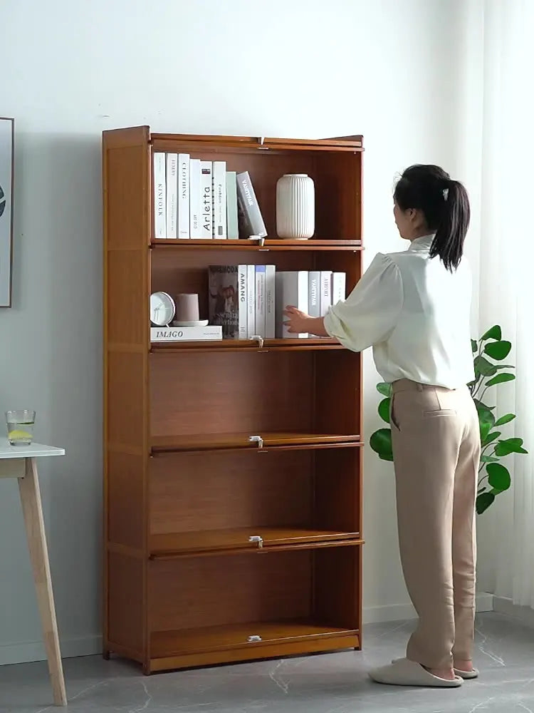 Modern Bamboo Bookshelf Storage Cabinet with Flip Doors 4/5/6 Tier Bookcase for Living Room Bedroom Office