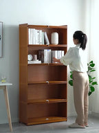 Modern Bamboo Bookshelf Storage Cabinet with Flip Doors 4/5/6 Tier Bookcase for Living Room Bedroom Office