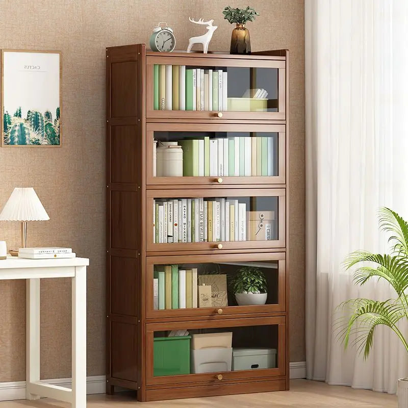 Modern Bamboo Bookshelf Storage Cabinet with Flip Doors 4/5/6 Tier Bookcase for Living Room Bedroom Office