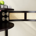 Half-Moon Console Table with Rattan Sliding Doors | Boho Semicircle Entryway Table with 2 Storage Cabinets & Bottom Shelf