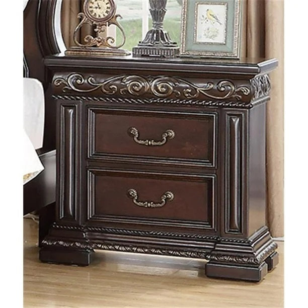 Traditional Bedroom Furniture 2 Drawer Nightstand, Solid Wood Carvings Bedside Table