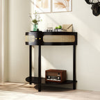 Half-Moon Console Table with Rattan Sliding Doors | Boho Semicircle Entryway Table with 2 Storage Cabinets & Bottom Shelf