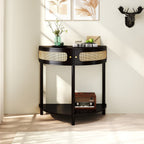 Half-Moon Console Table with Rattan Sliding Doors | Boho Semicircle Entryway Table with 2 Storage Cabinets & Bottom Shelf